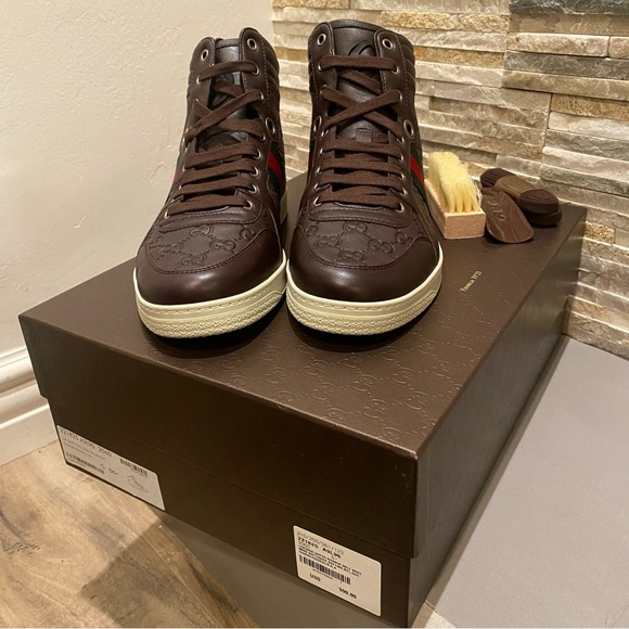Gucci Guccissima monogram brown red & green stripe high top sneaker shoes mens 7 - Picture 4 of 6